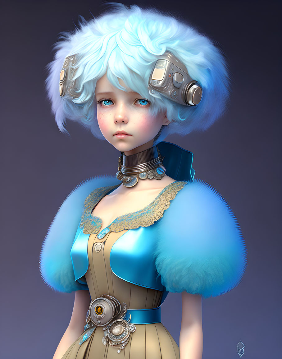 Victorian-inspired girl with pale blue hair, goggles, and fur accents