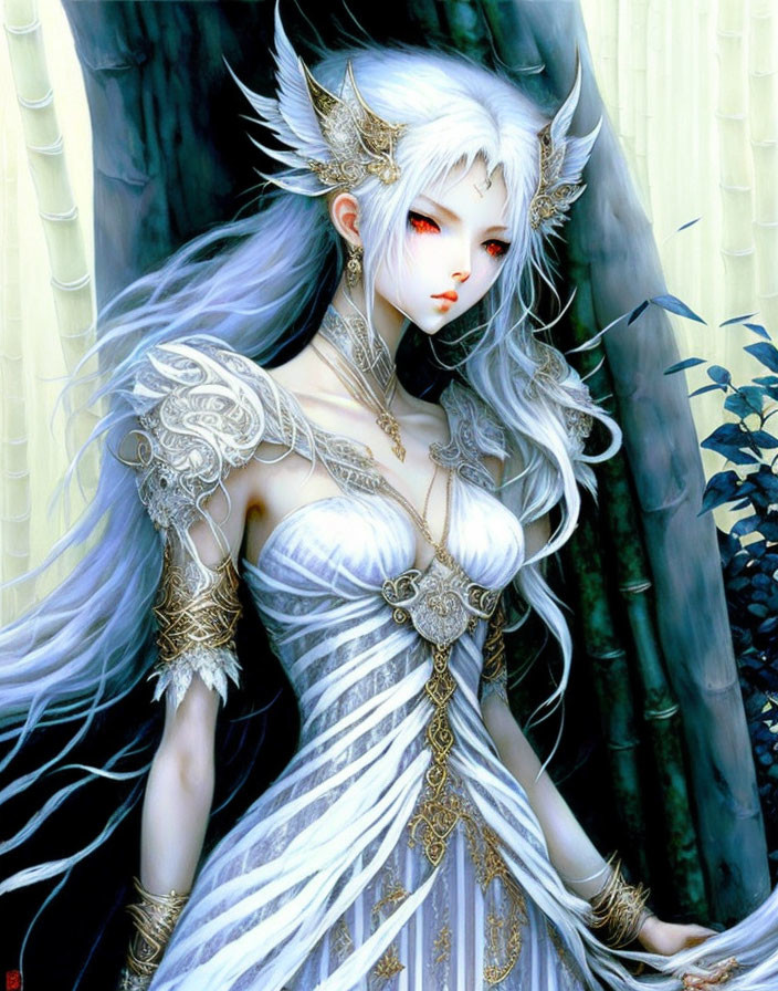 Illustrated female figure with pointed ears in silver attire against green foliage