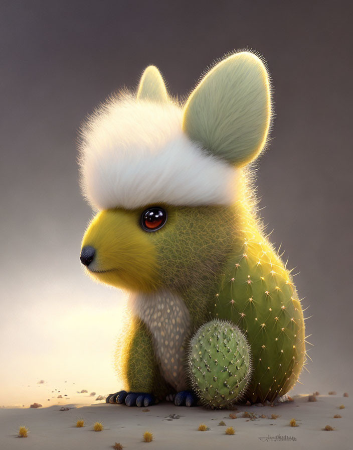 Whimsical creature with fennec fox head and cactus body on neutral background