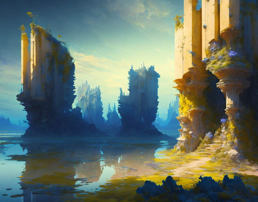 Serene fantasy landscape with ancient ruins, moss, and vibrant foliage