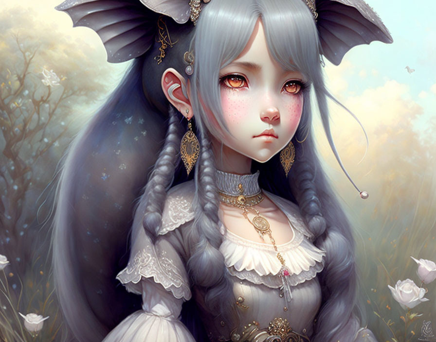 Fantasy character with grey braided hair and elf ears in floral setting