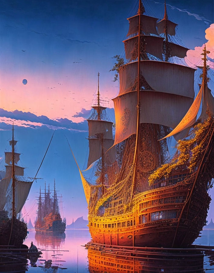 Detailed Digital Art: Sailing Ships in Twilight Harbor