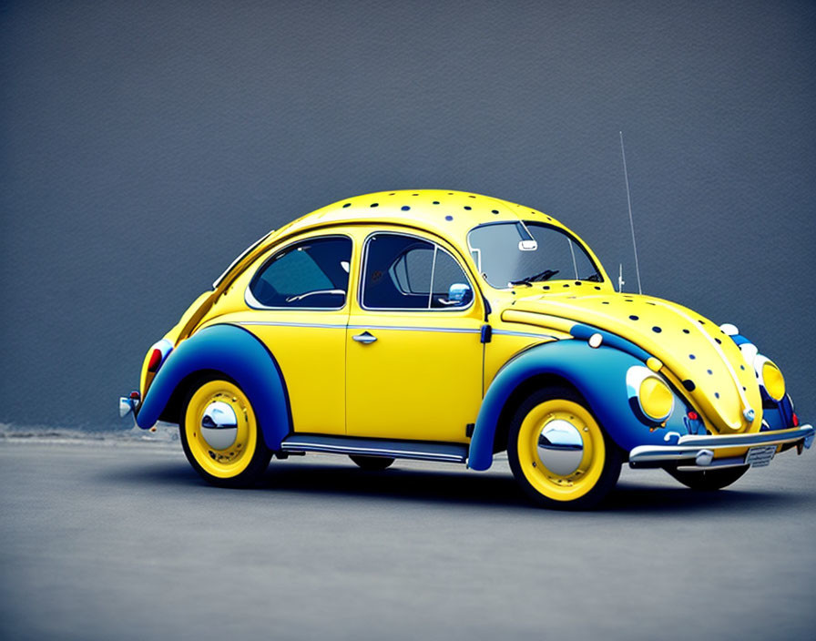 Colorful Volkswagen Beetle with blue and yellow polka dot paint on gray background