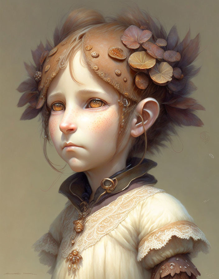 Young child with elfin features in vintage attire.