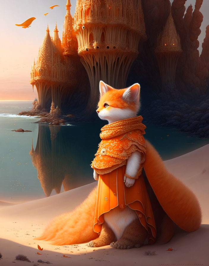 Majestic fox in orange cloak gazes at golden castle in dreamy landscape