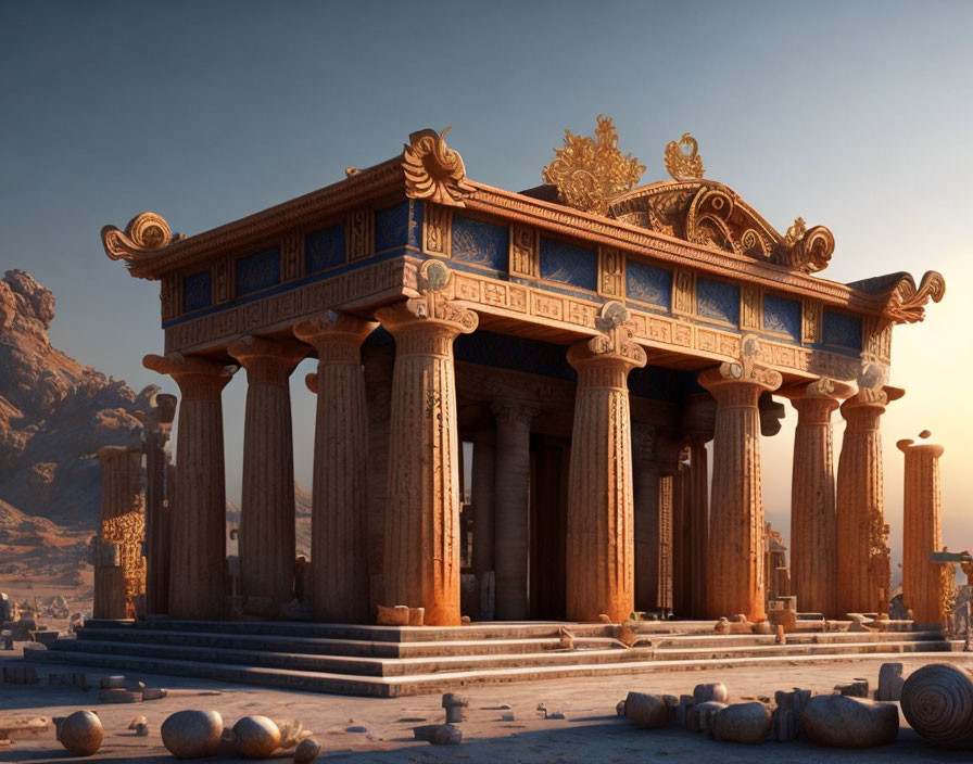 Ancient Greek temple digital rendering in desert at golden hour