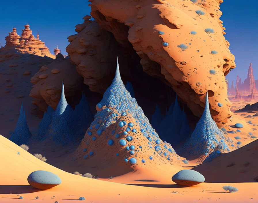 Surreal desert landscape with blue crystal formations and orange rock formations