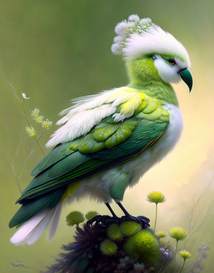 Vibrant green and white bird with floral plumage illustration