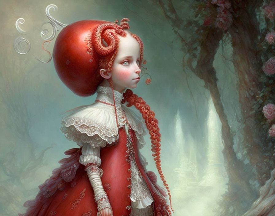 Child in ornate red attire with whimsical curls in misty forest illustration