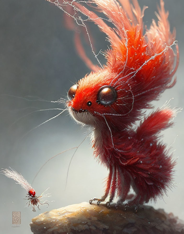 Fluffy red creature with glossy eyes gazes at winged insect