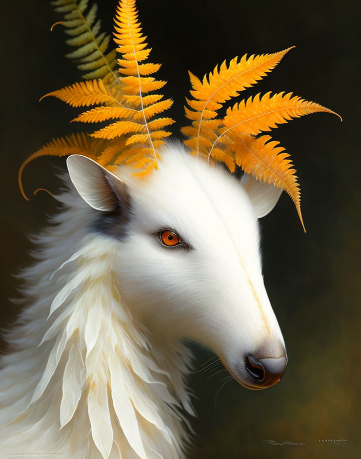 White Goat with Orange Eyes and Yellow Fern Crown on Dark Background