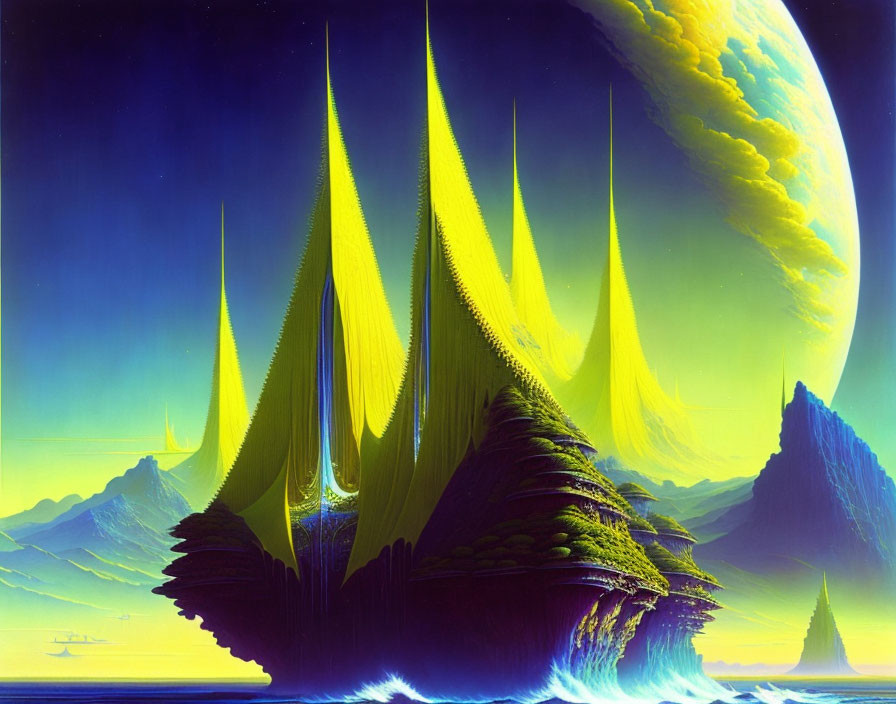 Sci-fi landscape with towering yellow spikes on verdant terrain