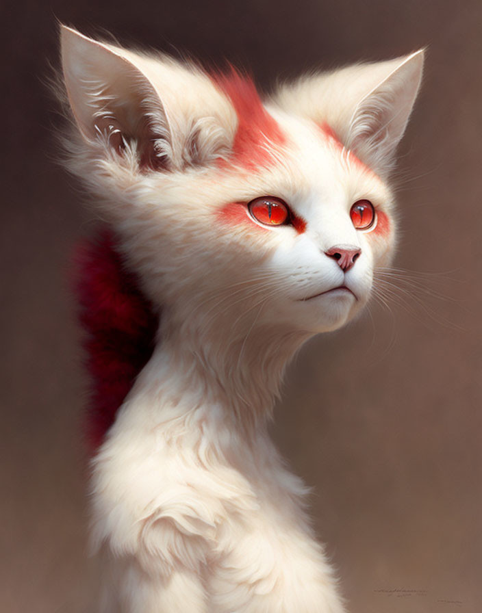 Surreal illustration of white fluffy cat with red markings and eyes