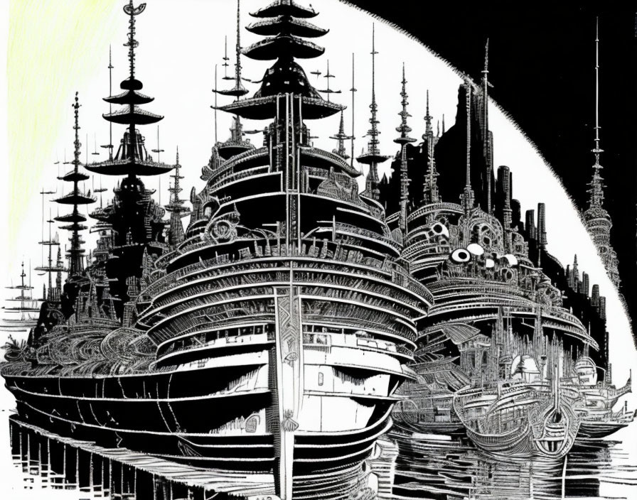 Detailed black-and-white futuristic cityscape illustration with ship-like building