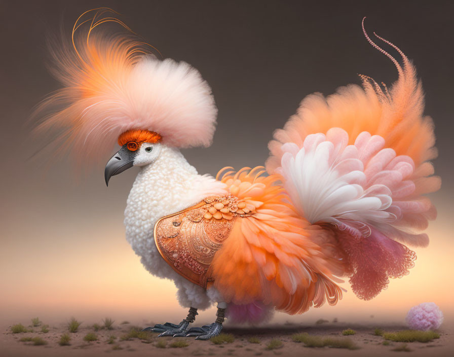 Eagle-headed mechanical creature with orange crest and lush tail feathers on dusky background