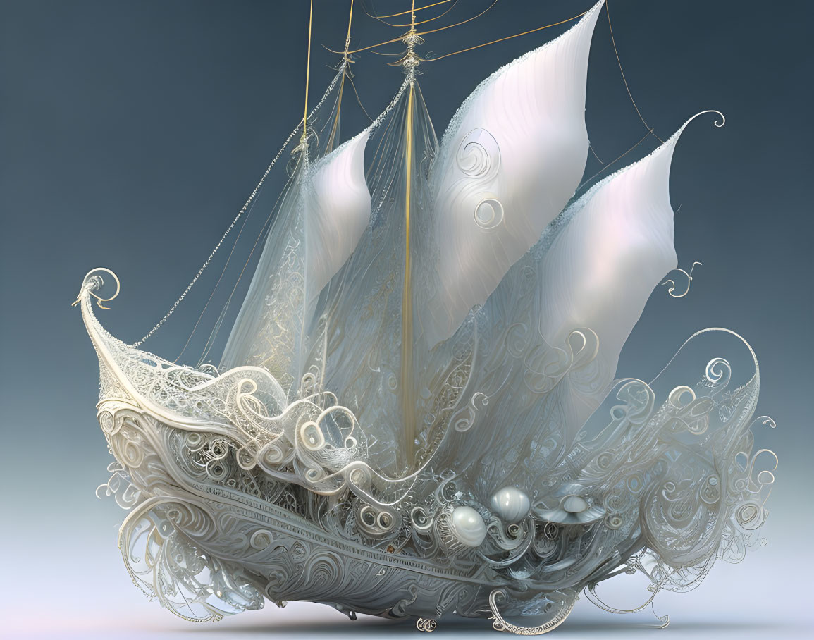 Ornate ethereal ship with billowing sails and intricate designs