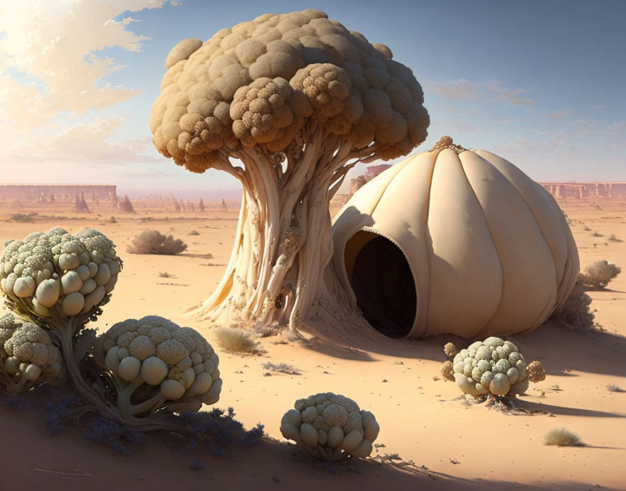 Fantasy desert landscape with oversized mushroom-like trees and fallen fruit shelter