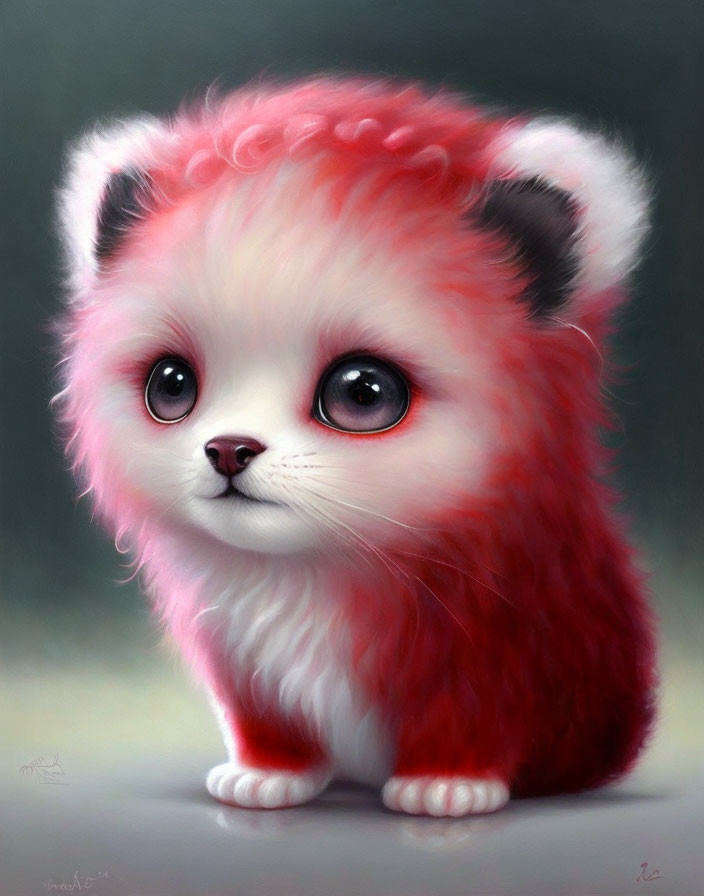 Fluffy red and white cat-panda hybrid with expressive eyes