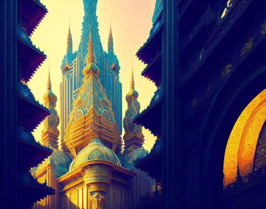 Golden fantasy temple with intricate designs against twilight sky