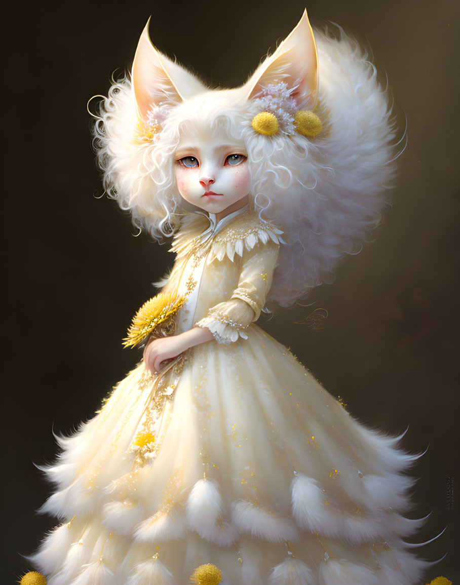 White Cat Character in Yellow Floral Dress & Fluffy Tail