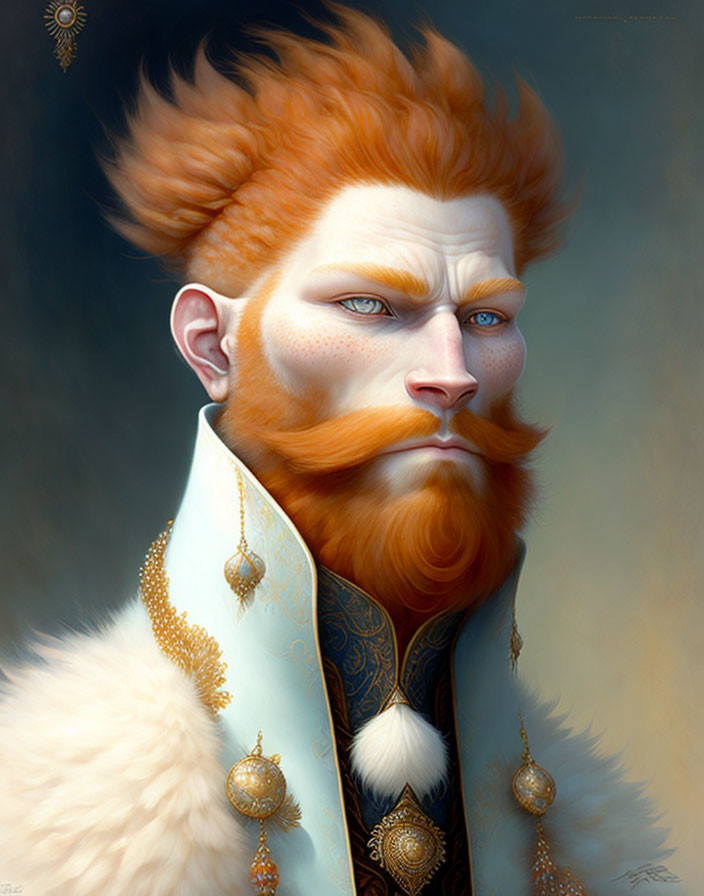 Striking portrait of a male figure with orange hair, blue coat, and serious expression