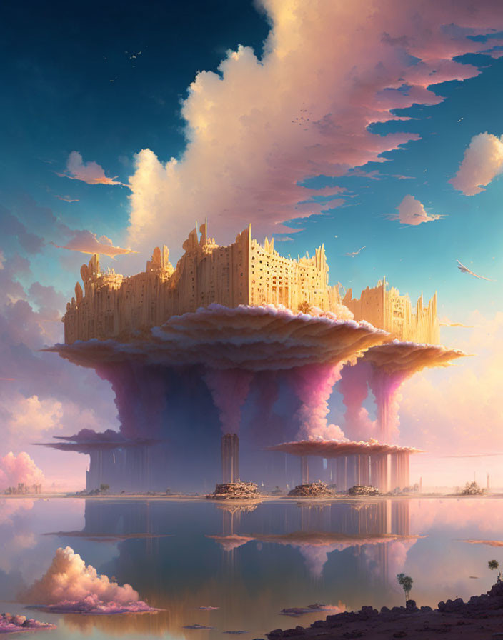 Fantastical Floating City Above Clouds and Water