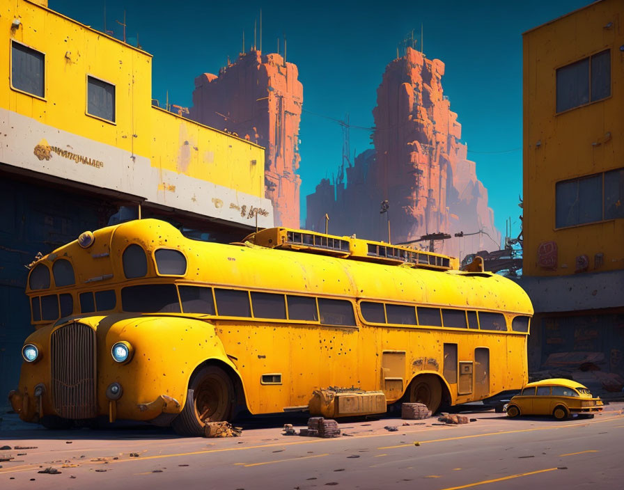 Abandoned yellow double-decker bus in urban landscape with dilapidated buildings