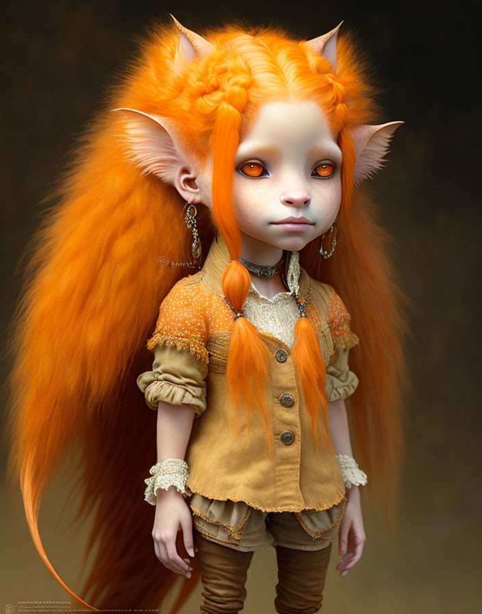 Character with Orange Feline Ears and Vibrant Hair in Detailed Orange Blouse