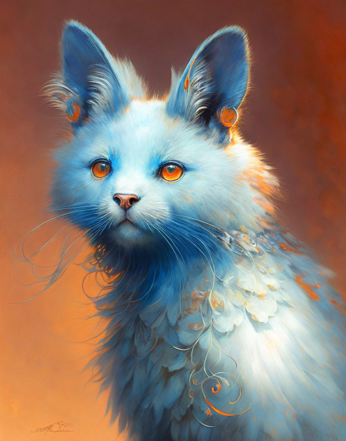 Whimsical blue-furred feline with orange eyes and scrollwork patterns