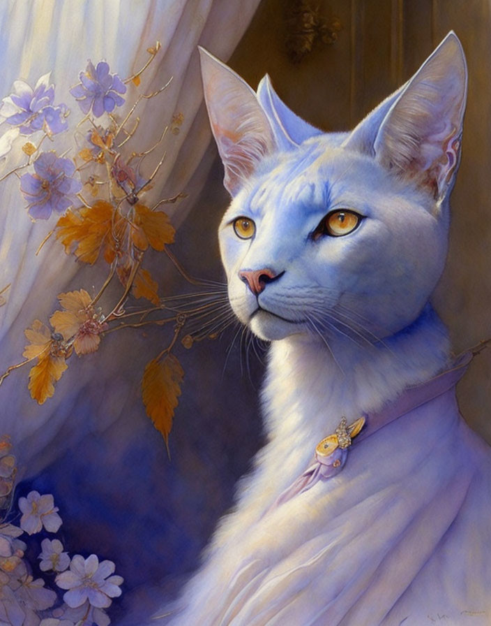 Majestic blue cat with human-like eyes in cloak and pendant, amidst white blossoms