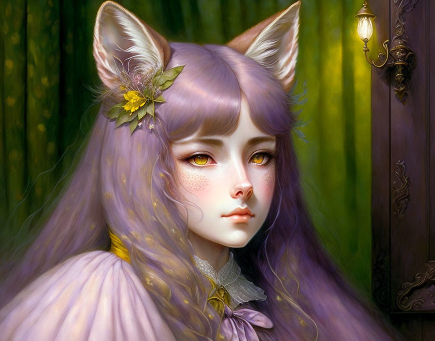 Illustration of girl with purple cat ears and hair, yellow eyes, freckles, and leaf