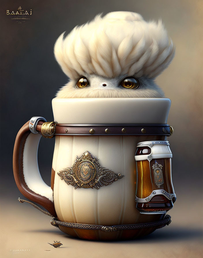 Fluffy wide-eyed creature in ornate stein with butterfly