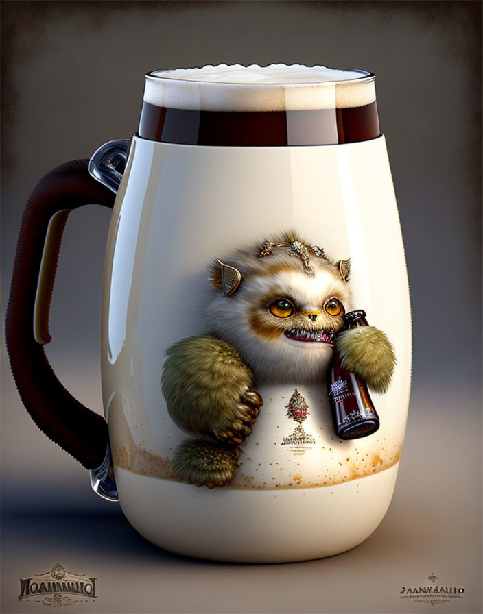 Furry creature mug illustration with big eyes and beer-like liquid