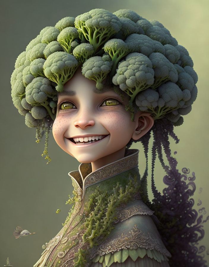 Whimsical character illustration with broccoli hair, surrounded by greenery and butterflies