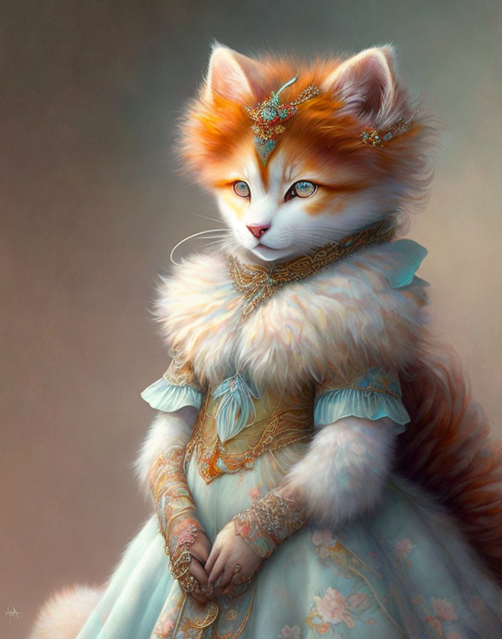 Elegant anthropomorphic cat in pastel blue and gold dress