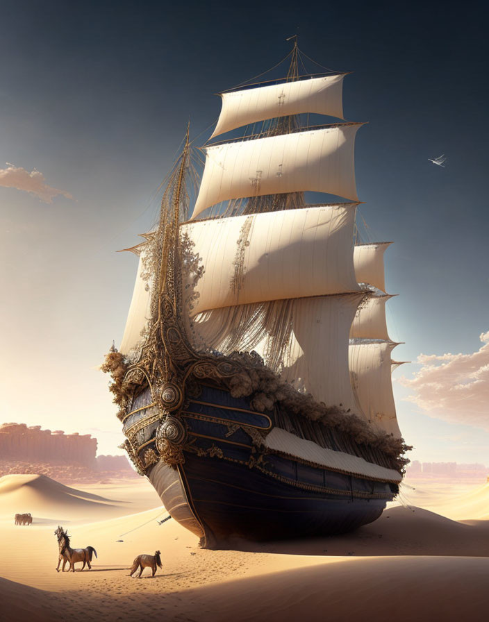 Ornate sailing ship stranded in vast desert with camels.