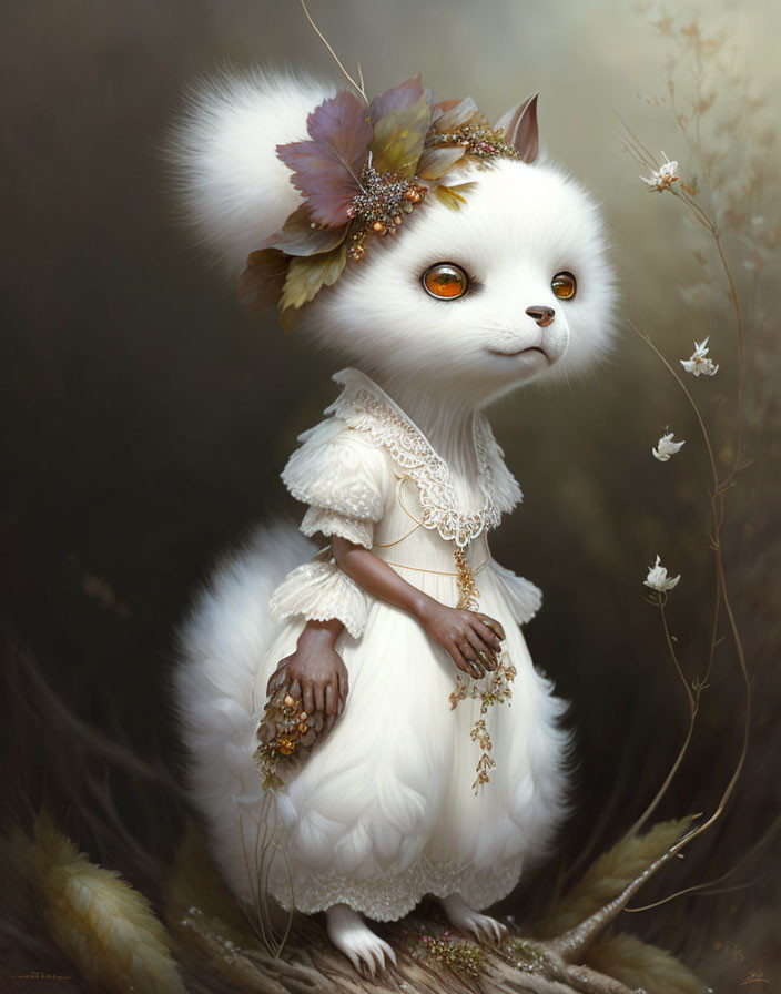 White anthropomorphic cat in elegant dress with floral headpiece, surrounded by fluttering moths in nature