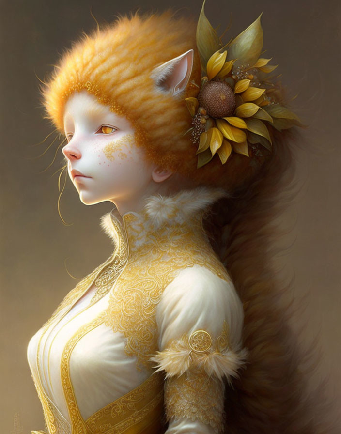 Person with feline features in yellow ornate outfit and flower adornment.