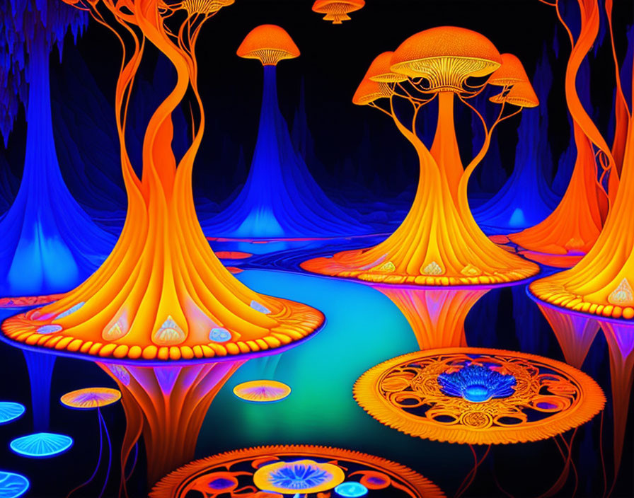 Neon-lit fantasy forest with glowing mushrooms and river