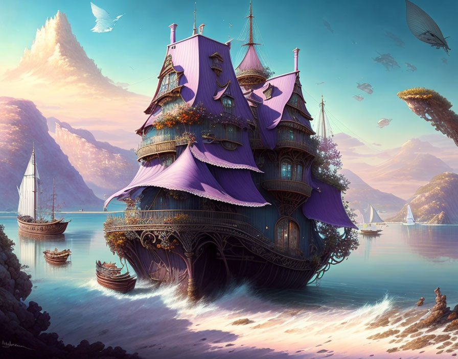 Fantastical floating house with purple roofs over serene sea and pink skies