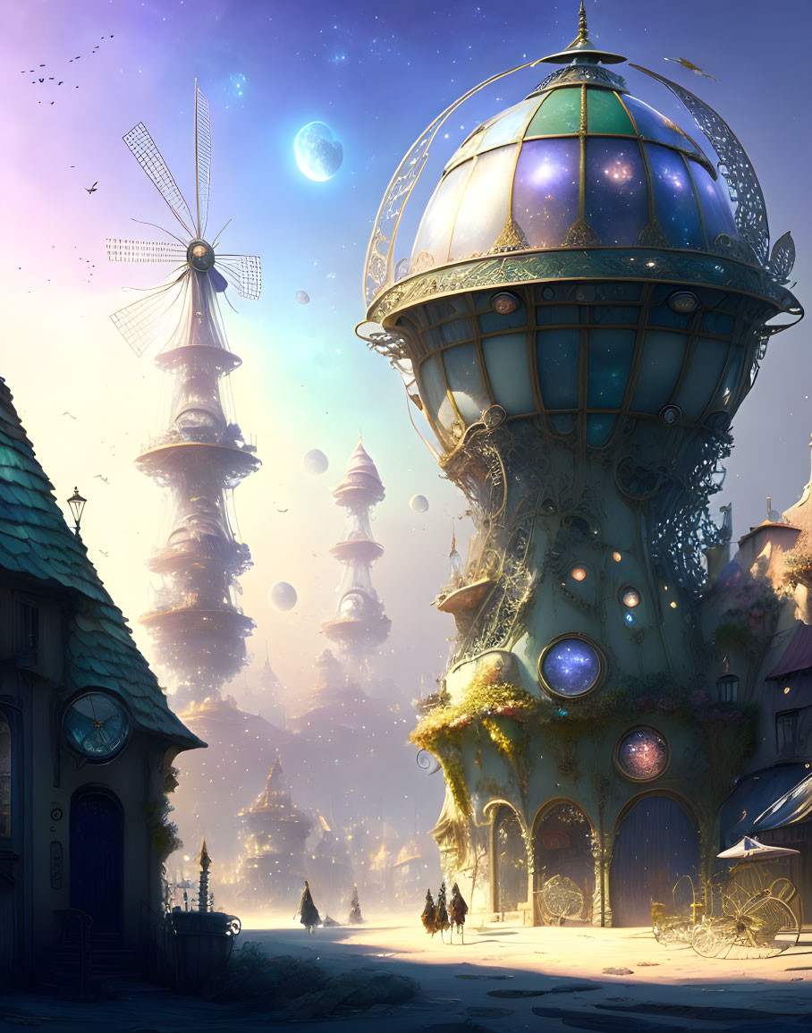 Fantastical twilight town with towering spires, floating orbs, windmill, cobblestone road