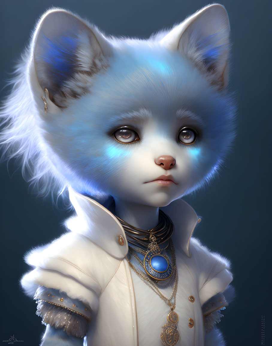 White and Blue Fox with Piercing Eyes in Elegant Coat and Pendant