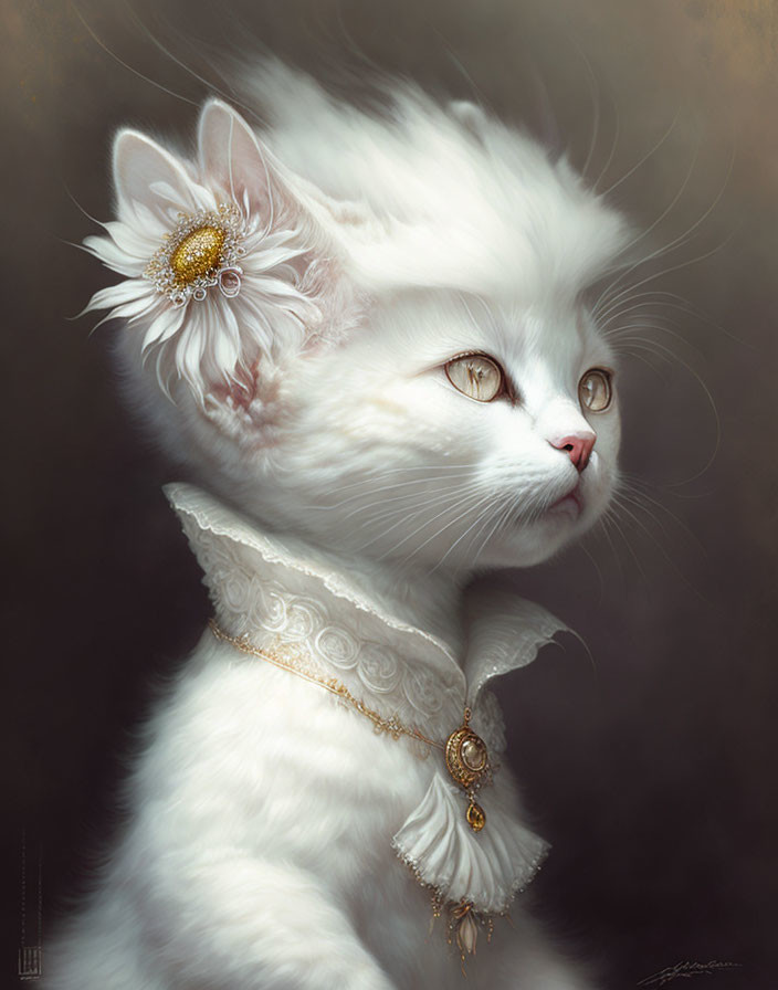 White Cat with Golden Eyes Wearing Jeweled Flower Hairpiece and Lace Collar