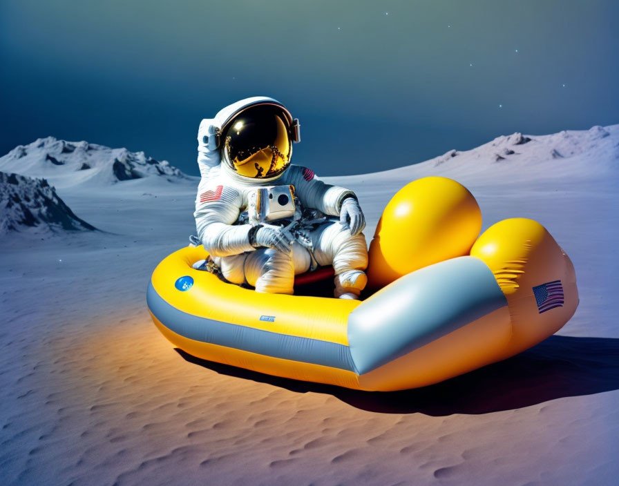 Astronaut in white spacesuit on yellow duck on lunar surface