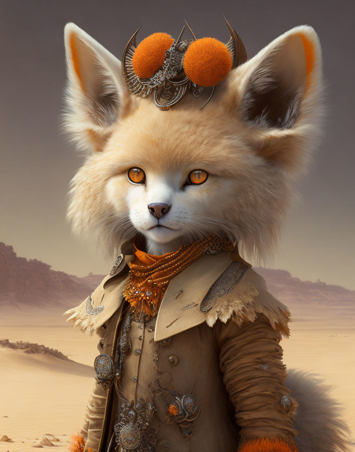 Anthropomorphic fox digital art in ornate attire against desert backdrop