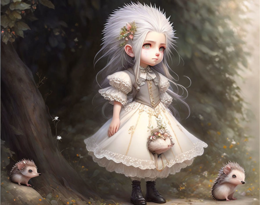 Whimsical girl with white hair in frilly dress surrounded by hedgehogs in fairytale