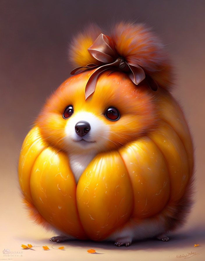 Fluffy orange creature with puppy and pumpkin features and a bow on its head