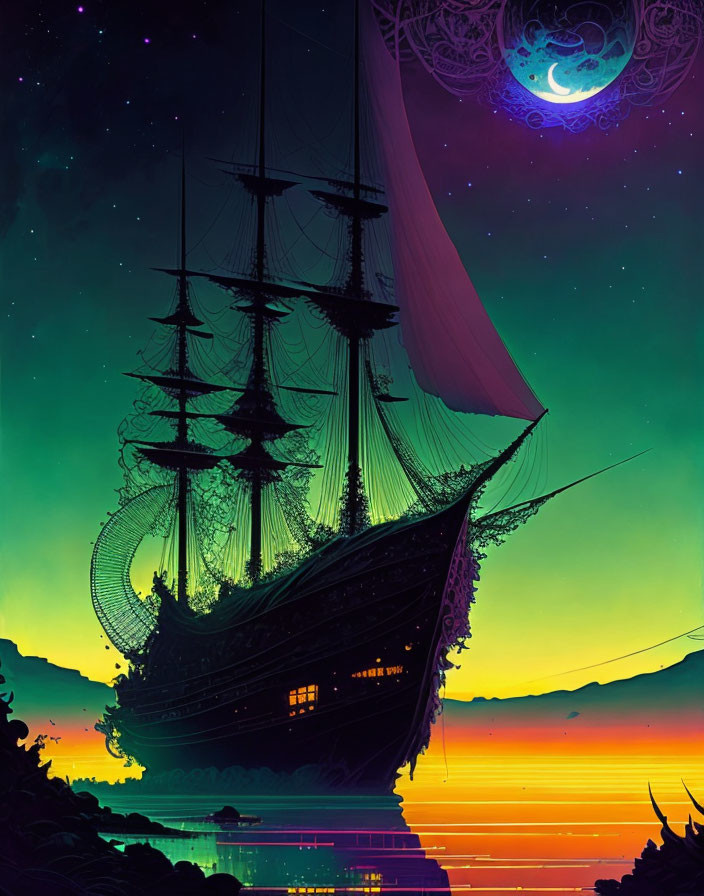 Grand ship sailing under crescent moon with celestial patterns reflected on multicolored waters