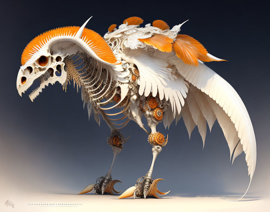 Skeletal creature with white wings and orange plumage