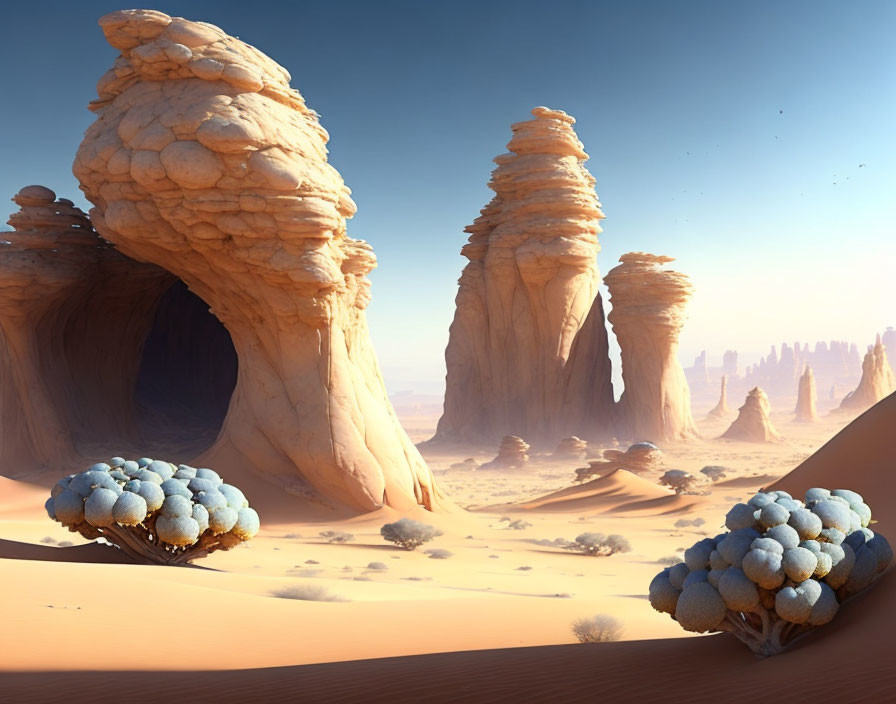 Surreal desert landscape with towering rock formations